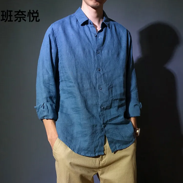 春秋薄款纯色休闲亚麻方领长袖衬衫复古透气男装麻料衬衣上衣潮