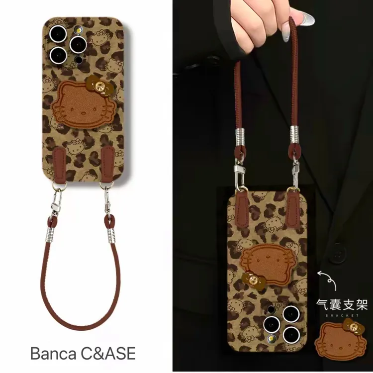 BANCA豹纹棕色KT支架挂绳适用苹果17/16手机壳小米15vivoppo华为