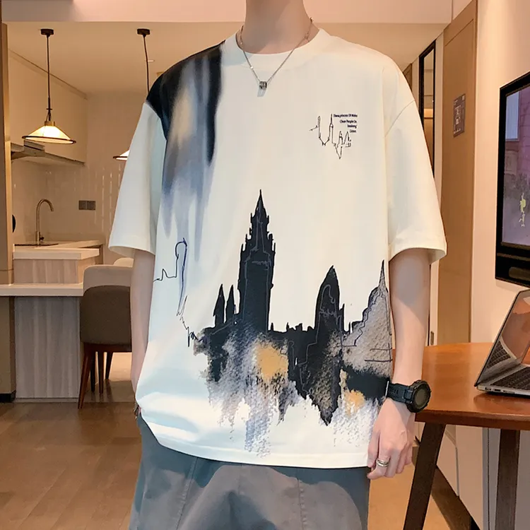 水墨画夏季印花通用常规圆领短袖T恤韩版帅气上衣ins潮流