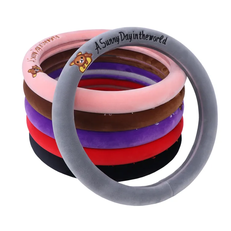 短毛绒汽车方向盘套秋冬季卡通防寒保暖耐磨通用把套男女防滑刺绣