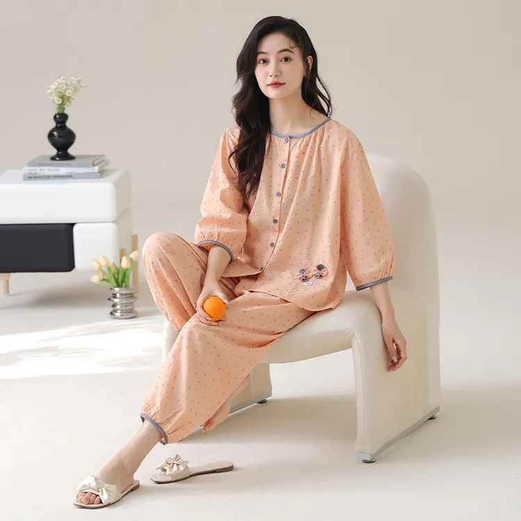 睡衣女夏季薄款中袖圆领开衫家居服2025年新款可外穿宽松大码套装