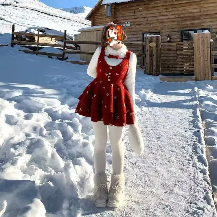 【大菜小肥定制】大码甜美蝴蝶结连衣裙打底衫两件套