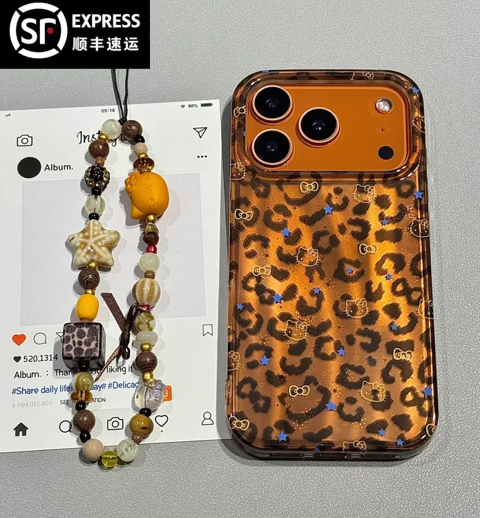 【顺丰包邮】可爱豹纹星星链条kt猫适用苹果17全包防摔手机壳