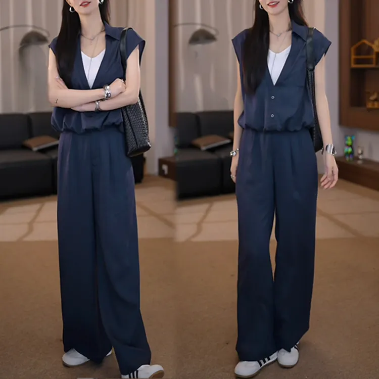 2025夏季新款慵懒松弛夏日穿搭无袖假两件上衣阔腿裤套装女两件套