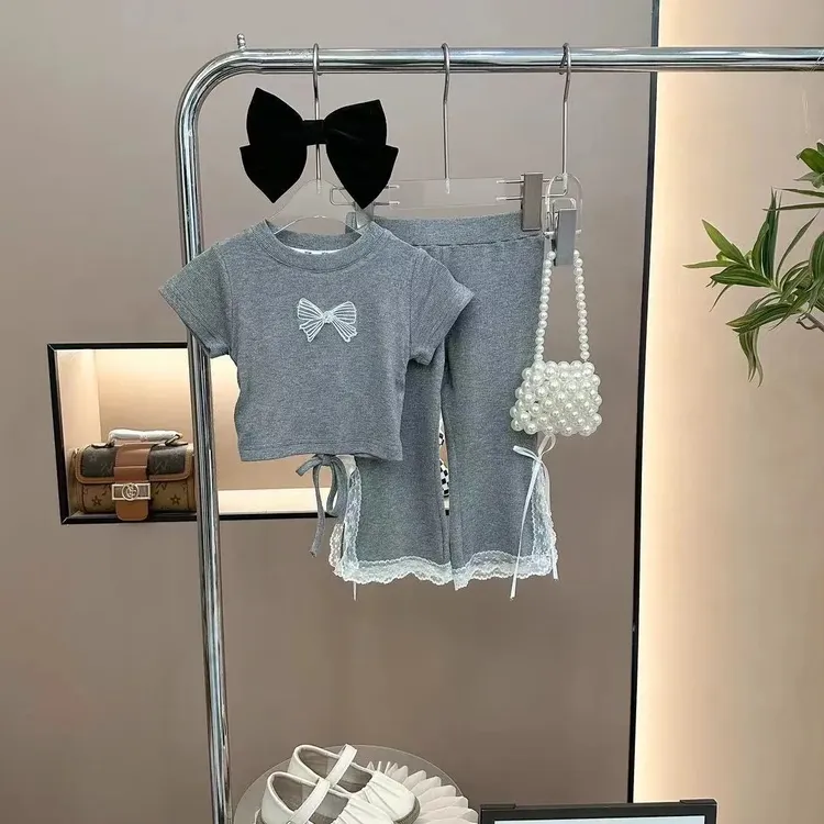 品质童装女童2025新款夏季蝴蝶结甜美蕾丝花边开叉喇叭裤洋气小清