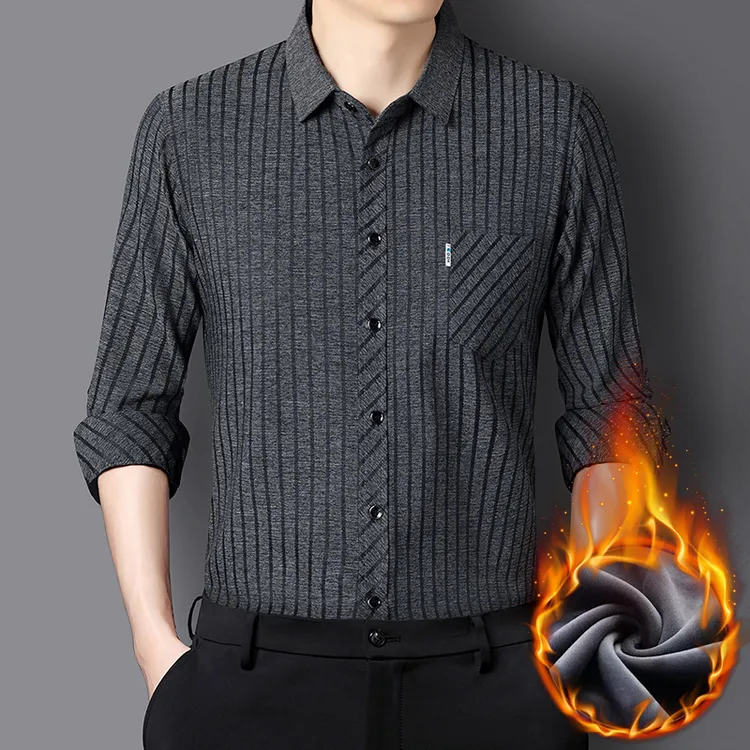 冬季男士加绒加厚含桑蚕丝长袖衬衫商务休闲保暖衬衣真口袋爸爸装