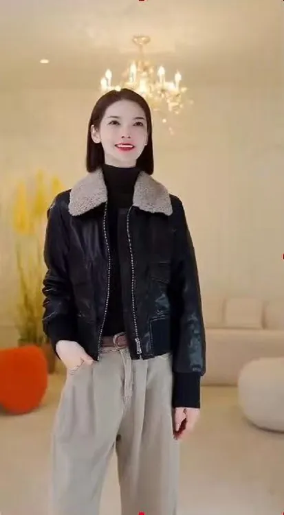 2025秋冬新款复古油蜡皮毛领皮衣短款加厚时尚修身显瘦皮外套LG