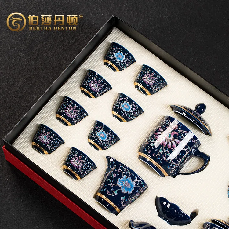 BERTHA DENTON/伯莎丹顿霁蓝陶描金瓷藤花功夫茶具家用陶瓷侧把