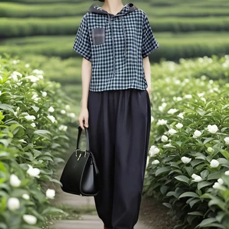复古连帽格子休闲时尚高腰套装女士夏季新款时尚上衣萝卜裤俩件套