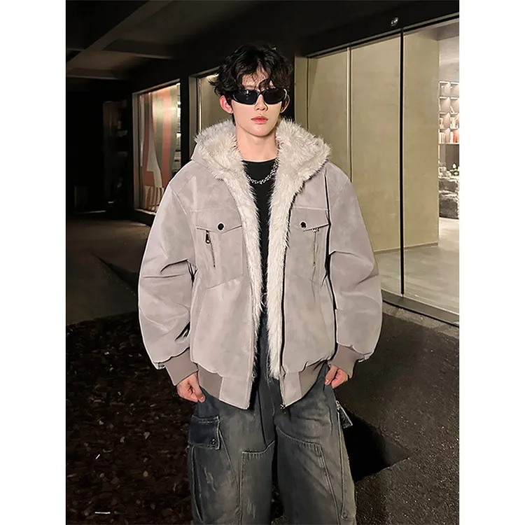 美式高街cleanfit皮衣外套棉服男款冬季连帽毛领棉服高级感面包服