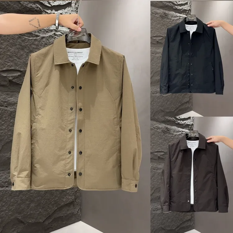 秋冬男士新款时尚通勤户外拉链口袋长袖纯色翻领二棉夹克棉服外套