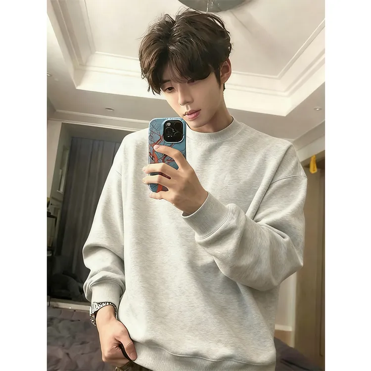 花灰色加绒卫衣男款秋冬季青少年重磅美式长袖上衣正肩圆领打底衫