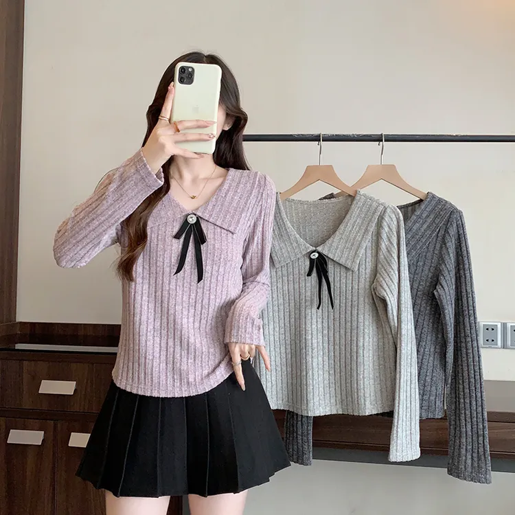 2025秋装新款胖mm大码女甜美娃娃领蝴蝶结针织长袖上衣