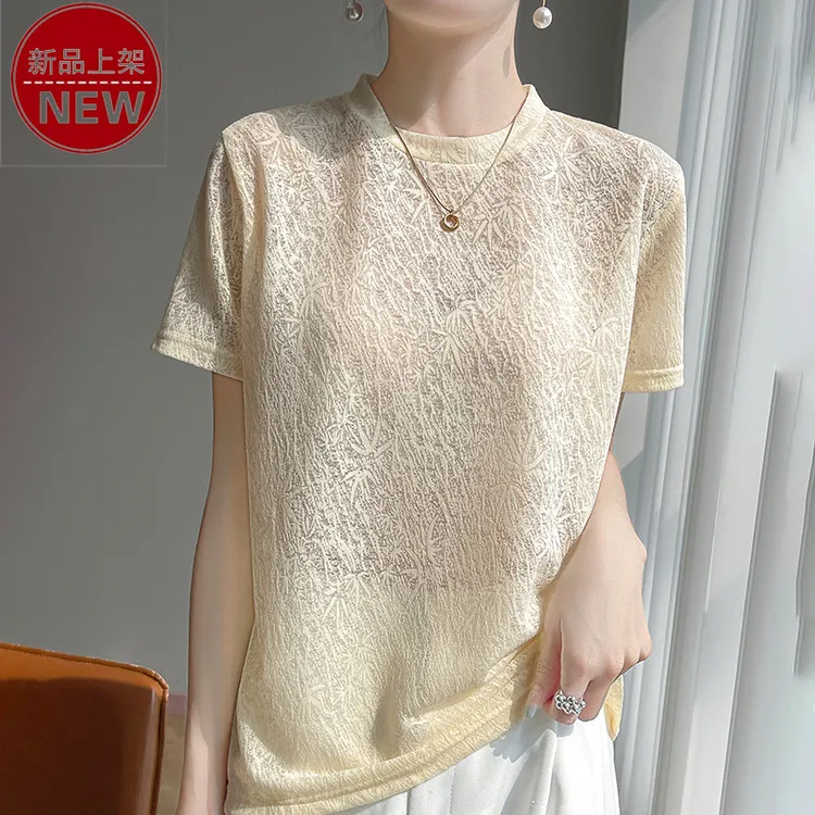 哥弟阿玛施正品时尚欧若风薄款提花微透圆领气质短袖休闲针织衫女