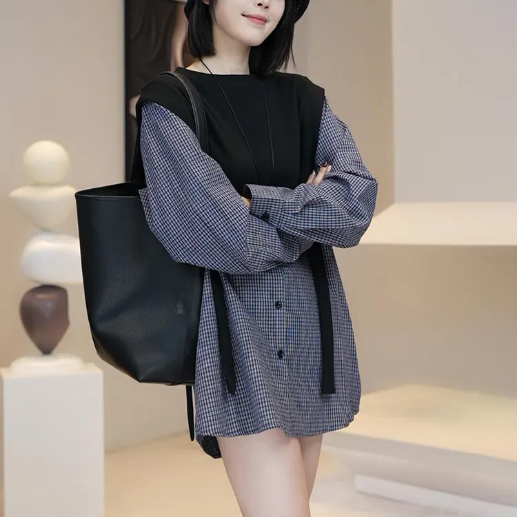 假两件格子衬衫女2025早秋季设计感洋气减龄宽松中长款遮屁股上衣