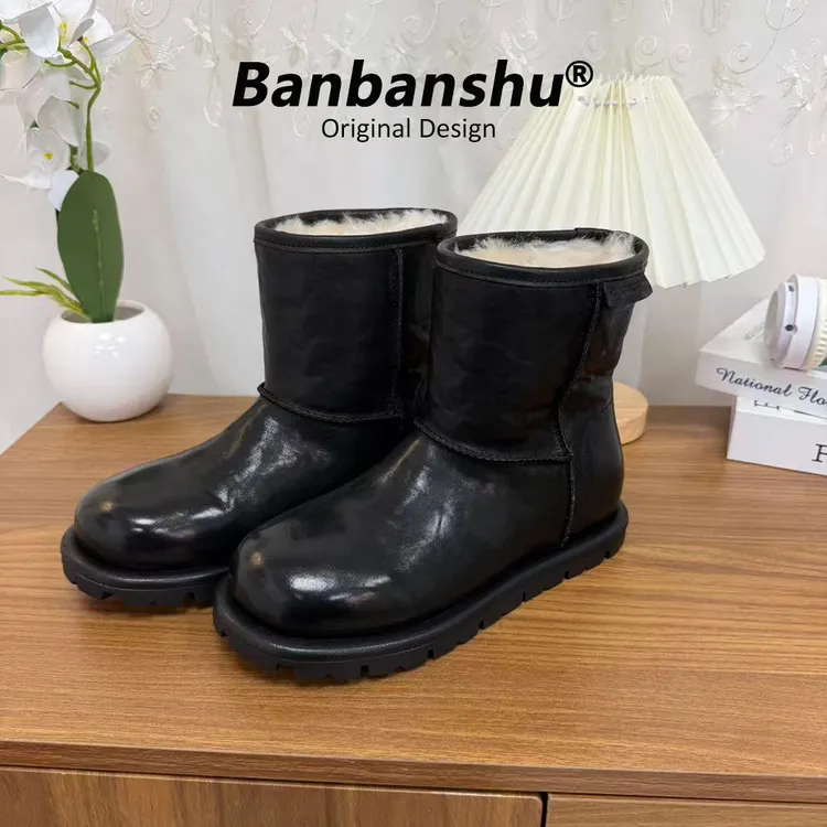 班班树水洗马皮内增高雪地靴女中筒真皮加厚羊皮毛一体保暖防滑