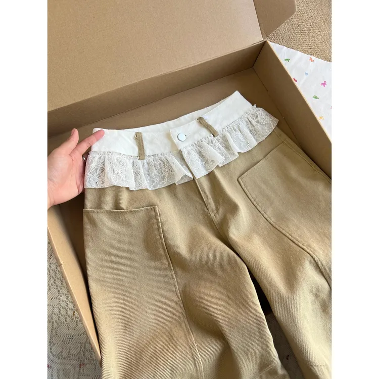 韩版卡其色蕾丝花边拼接牛仔裤女宽松显瘦弯刀阔腿裤2025夏季新款