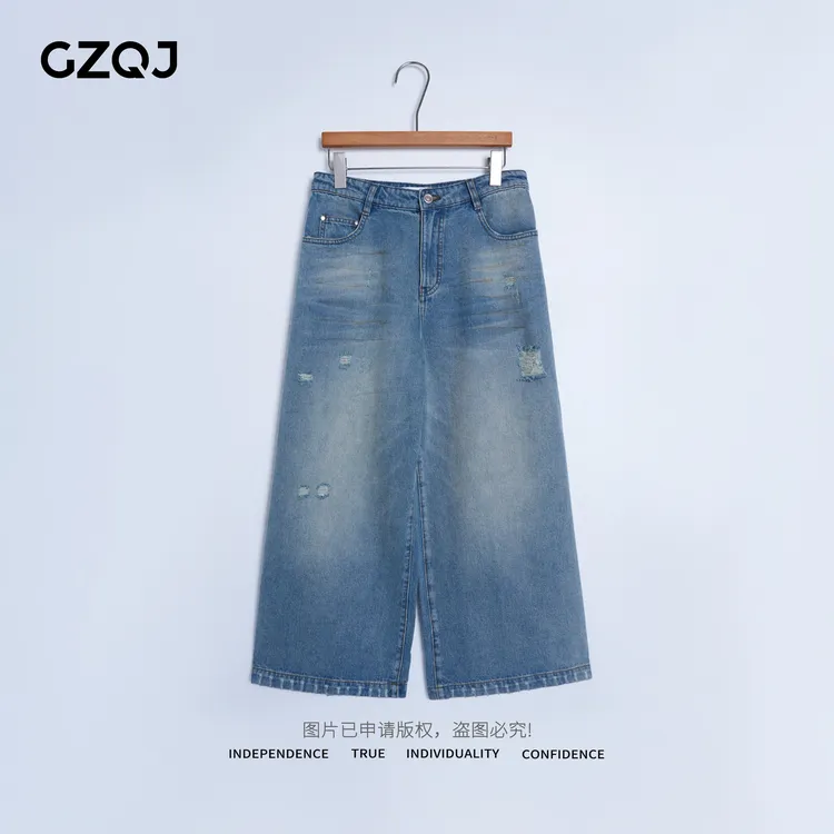 广州琴姐【腔调裤】水洗做旧破洞宽松阔腿九分牛仔裤子女夏40132