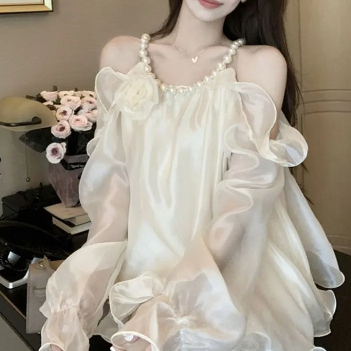 荷叶边超仙缎面衬衫女春季法式绝美挂脖上衣宫廷风一字肩雪纺衬衣