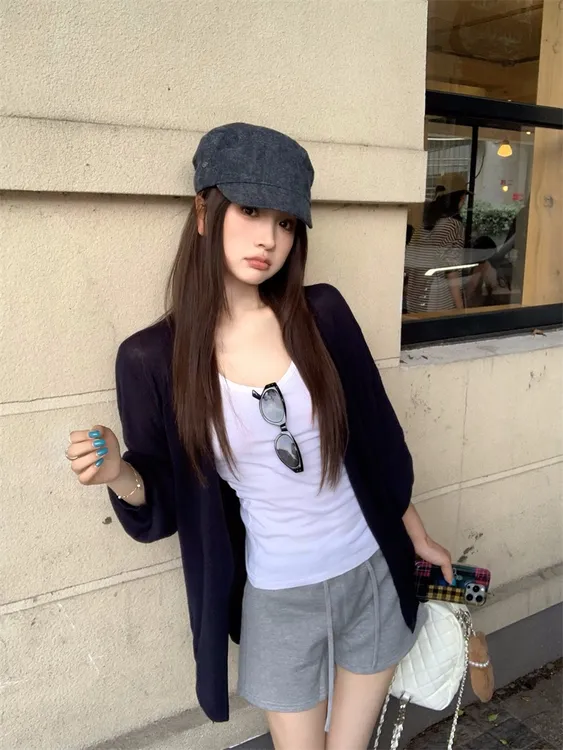 慵懒风藏青色长袖针织开衫女早秋穿搭外套宽松休闲通勤百搭上衣服