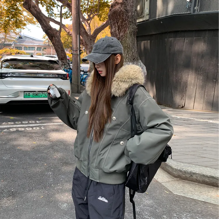 美式防寒潮流复古2025外套毛领冬季加厚棉服连帽短款棉衣高级