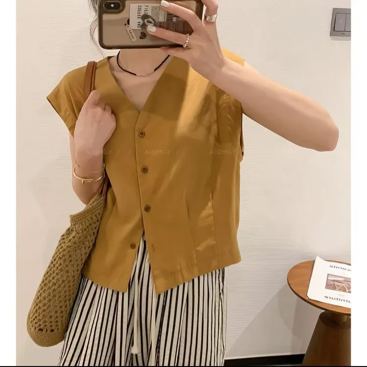 黄色无袖V领衬衫女夏季新款韩系时尚休闲百搭上衣女士1413