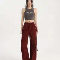 7710束脚阔腿两穿工装飘带带口袋休闲百搭系带宽松工装裤