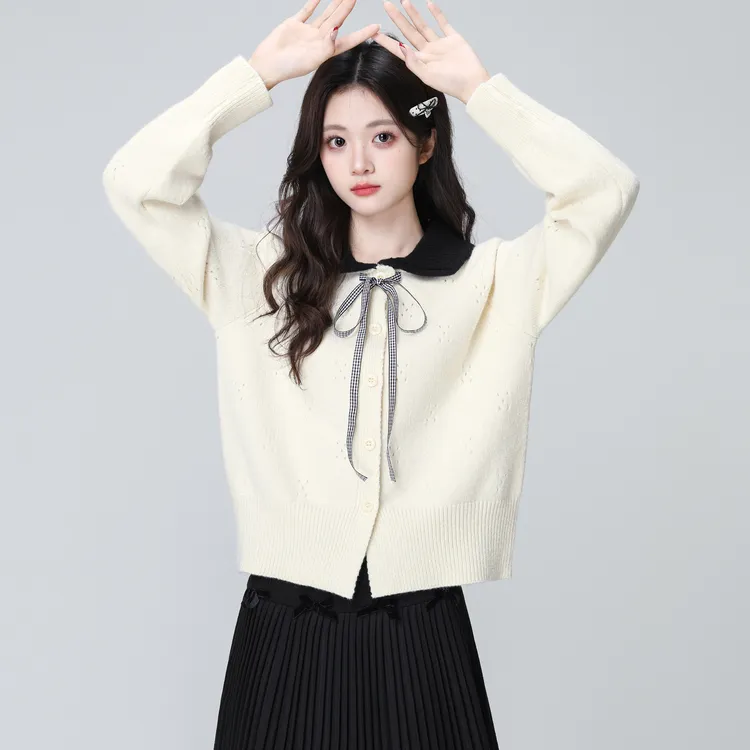 小香风翻领毛衣外套女秋冬2025冬新款蝴蝶结娃娃领针织开衫短上衣