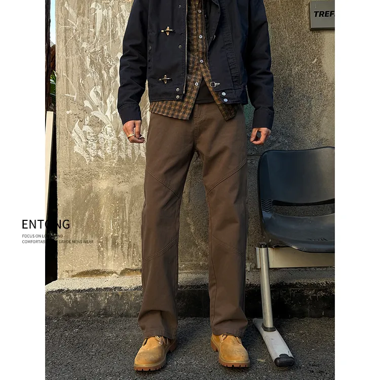 Entong美式咖色加绒直筒牛仔裤男款秋冬款潮牌痞帅显瘦百搭长裤子