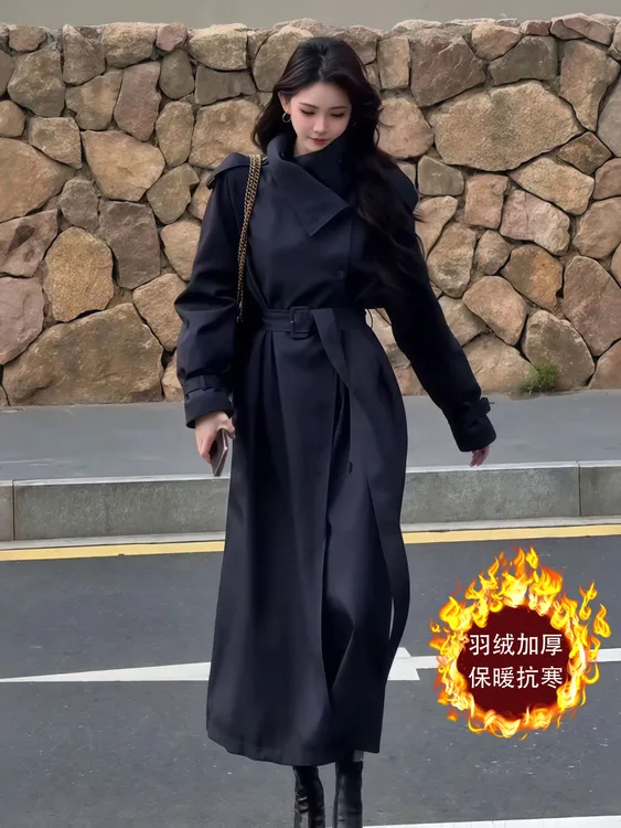 韩版羽绒服大衣女秋冬新款高级垂感长款宽松立领90白鸭绒风衣外套