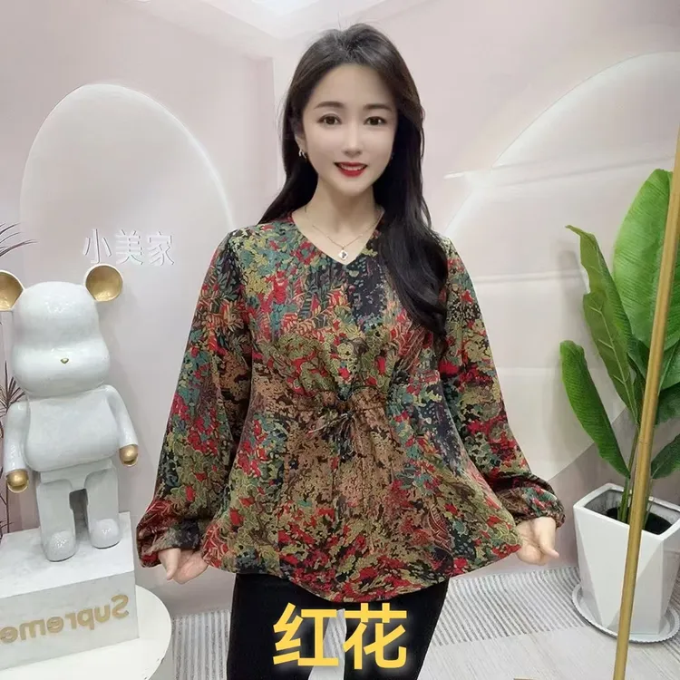 1160夏季新款V领雪纺打底衫女士休闲宽松大裙摆小衫无弹力