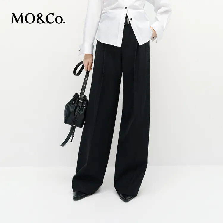 MOCO休闲裤2025新品高腰含绵羊毛阔腿黑色宽松长裤MBE1PATT04