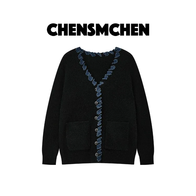 CHENSMCHEN 复古V领长袖针织衫女早秋百搭宽松显瘦上衣CSZ6636YW