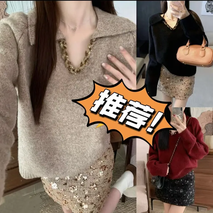 （9967）大码女装欧货复古时尚翻领高级感针织衫秋冬穿搭新款毛衣女