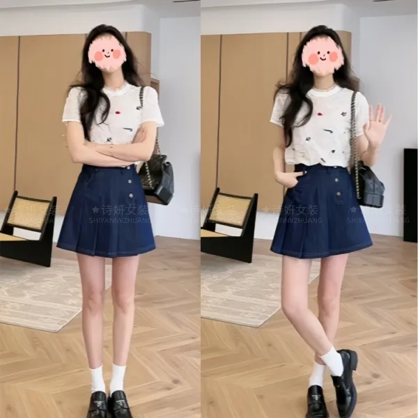 洋气衣服女2025夏季新款刺绣针织上衣时尚显瘦百搭牛仔裙裤套装