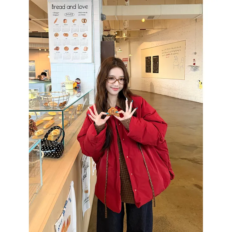 溪溪靓衫~圣诞新年氛围感红色蓬蓬保暖棉服外套+系带宽松格纹衬衫