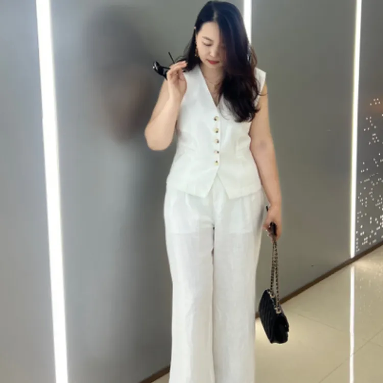 法式气质高级感夏季女性修身显瘦亚麻马甲阔腿裤套装