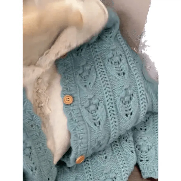 早春季蓝色慵懒风镂空针织毛衣开衫女+连帽蕾丝花边打底帽衫套装