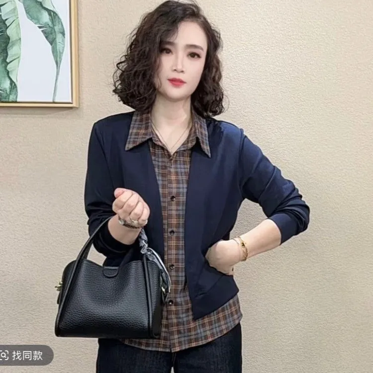 2025新款春秋季女士长袖时尚拼接外套衬衫休闲早秋假两件单穿洋气