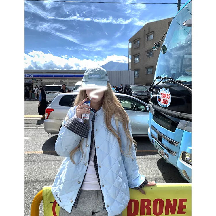 查理曼撞色 菱格绗缝棉服棉衣女宽松冬季保暖夹棉外套韩版百搭