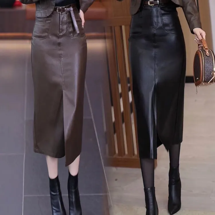 2025秋冬季新款时尚PU皮裙女高腰开叉亮片气质中长款厚款包臀裙子