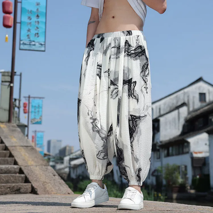 新中式国风竹叶印花冰丝九分裤加大码潮胖人灯笼裤宽松束脚运动裤