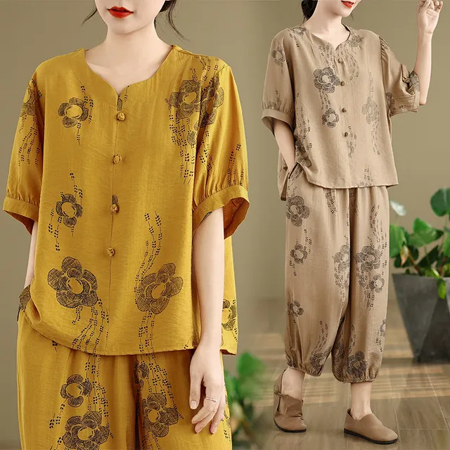 天丝棉麻套装民族风印花遮肉显瘦夏季妈妈装大码宽松休闲两件套女
