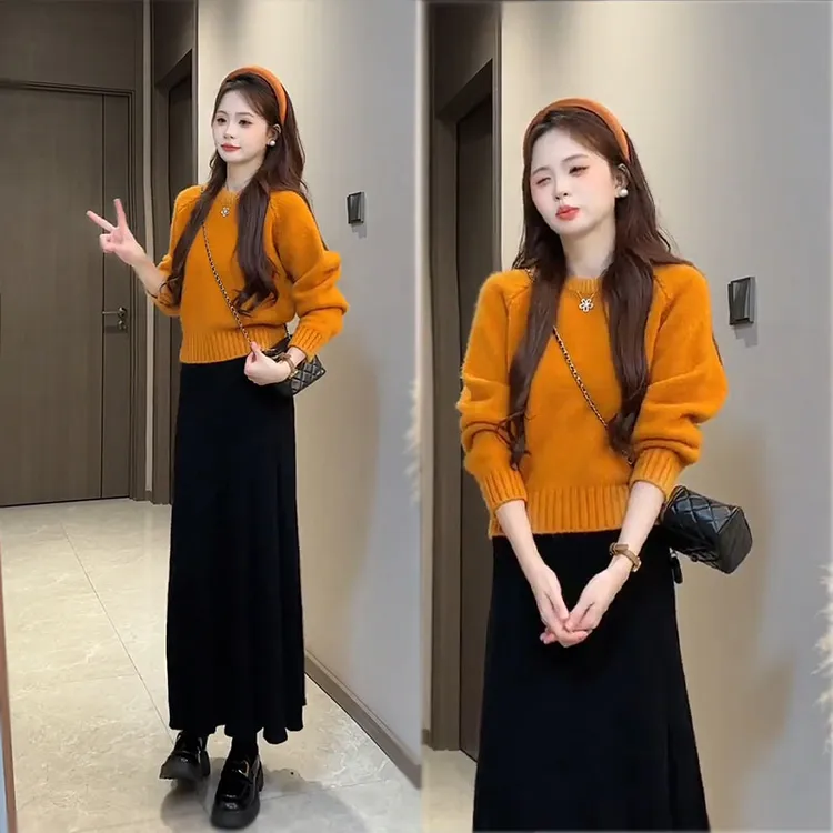 韩版休闲风套装女2025秋新款慵懒风针织毛衣气质显瘦半身裙两件套
