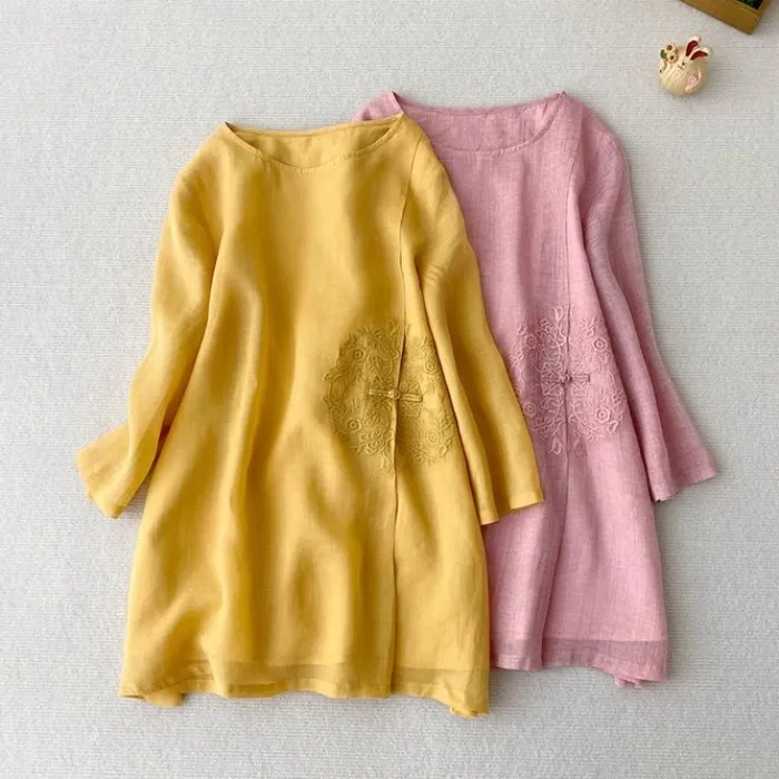 民族风妈妈装文艺大码国风新中式轻薄衬衫宽松中长款复古休闲上衣