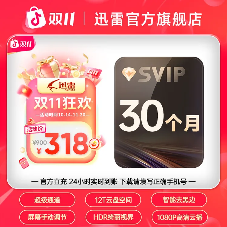 【双11狂欢】超级会员30月,迅雷12T云盘空间,不支持退款。。。