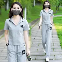 冰丝夏季新款休闲运动套装女时尚polo领短袖长裤减龄气质两件套