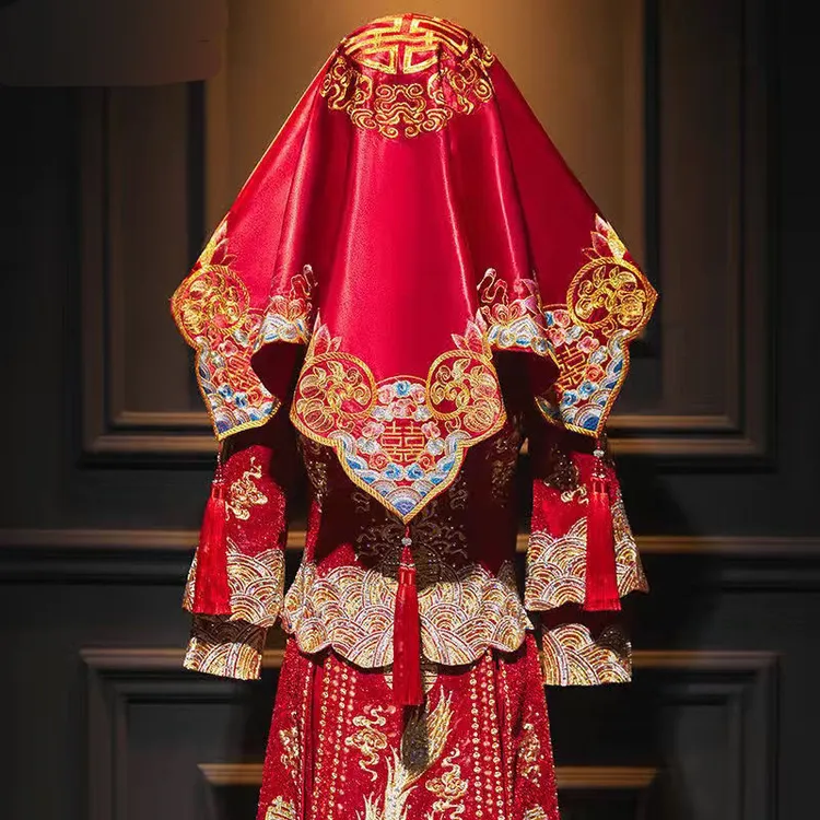 结婚红盖头中式婚礼新款新娘刺绣头巾陪嫁纱头饰婚庆用品