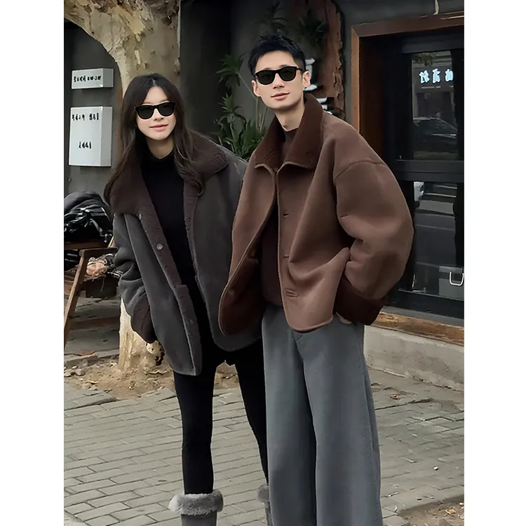 双面穿皮毛一体仿麂皮绒外套男冬季加绒厚美式座山雕棉服情侣夹克