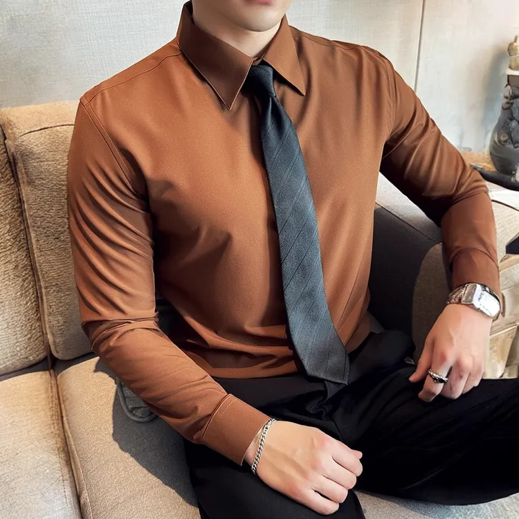 莱蒙璀尖领暗扣衬衫男长袖商务休闲潮流修身帅气高端法式优雅衬衣